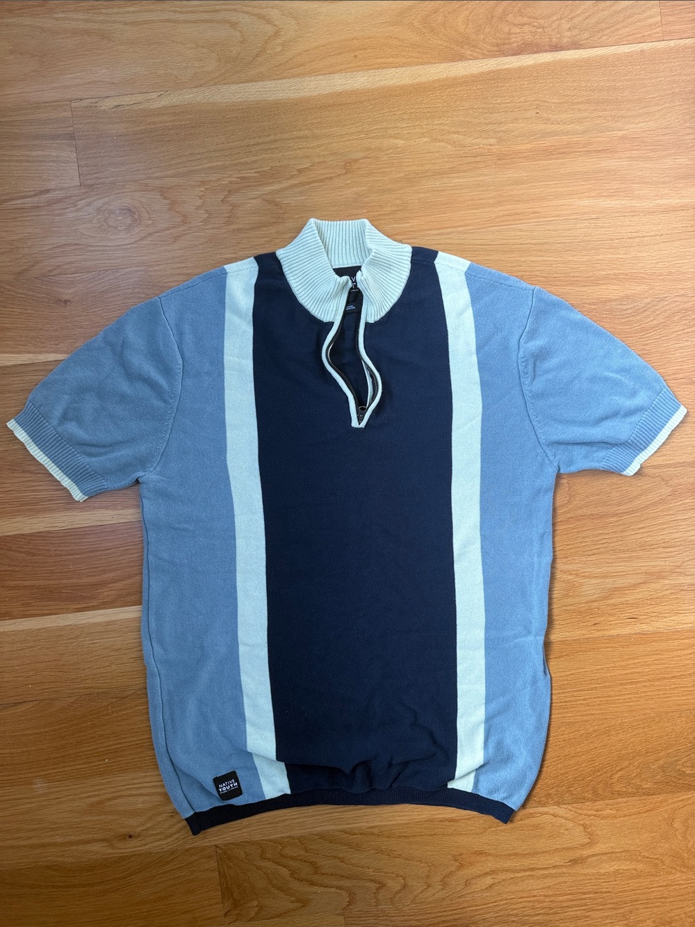 NATIVE YOUTH Short Sleeve Zip Polo in Light Blue, Navy & Cream